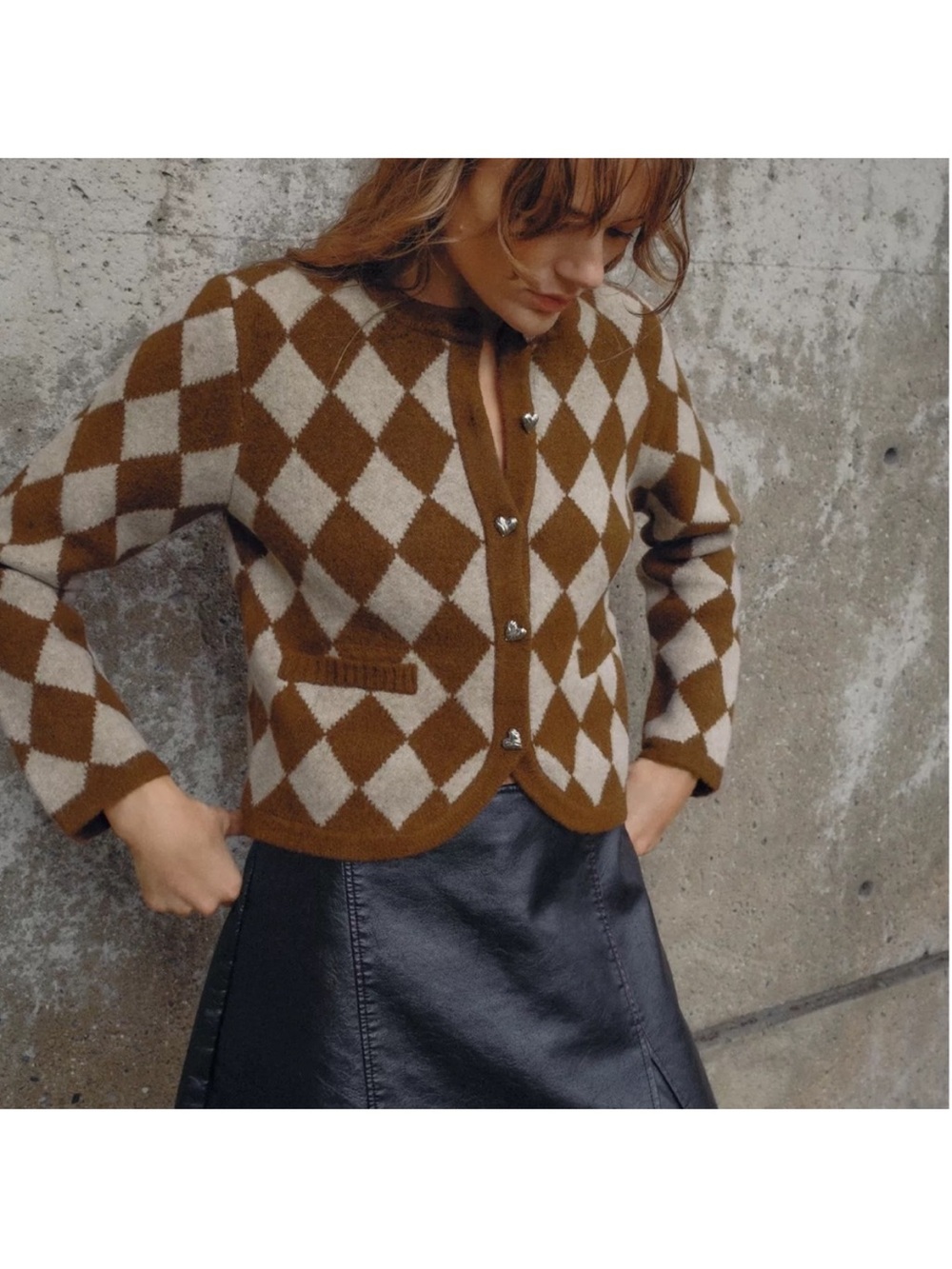 NWT Zara Jacquard Argyle Cardigan Heart Buttons Checkered size Medium